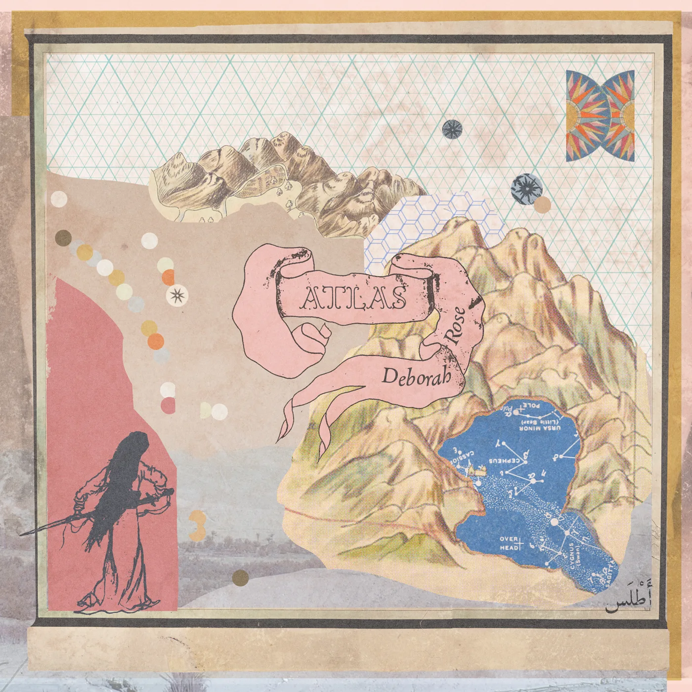 Cover of the album Atlas by Deborah Rose: a collage of mountains, a star map in a blue lake and a banner reading Atlas